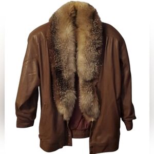 VINTAGE Leather Jacket Crystal Fox Fur Collar
